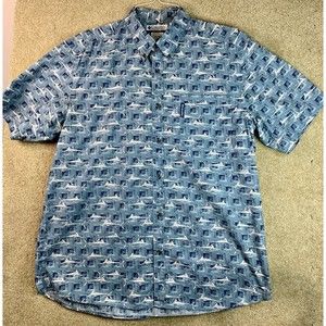 Columbia PFG Mens L Blue Swordfish Short Sleeve Weekend Dad Twill Camp Shirt